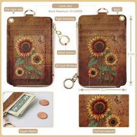 bolimoss Sunflower Lanyard Wallet with Id Badge Holder, Cute Floral RFID Small Keychain Wallet Women Wristlet, Zipper Pocket Credit Card Holder with Breakaway Wrist Neck Strap, Teacher Student Nurse