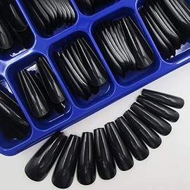 100pc Colored Black Long Coffin False Nails Artificial Fingernails Acrylic Tips Ballerina Shape XL Press on Fake Nails Manicure DIY Decor for Women Girls (Black)