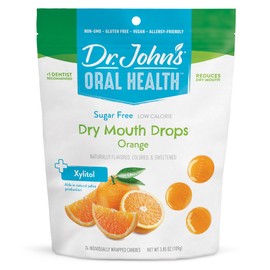 Dr. John's Healthy Sweets Orange Dry Mouth Drops with Zero Sugar, Dye-Free, Plant Based, Keto Friendly, 24 Count, 3.85oz Bag