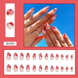 Vezocim Flower Artificial Red Fake Nails, Press on Nails Almond with Floral French Tips Designs, Glossy Medium Acrylic Fingernails Pointed False Nails with Sticky Tabs, Stick on Nails for Women (W400)
