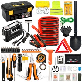 AUTODECO 98 PCS Roadside Car Emergency Assistance Kit with Portable Air Compressor Jumper Cables Safety Hammer All in One Pliers Tool Set（Orange）