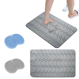 Set de 4 Tapetes de Baño – 2 Tapetes de Piedra Diatomita Absorbentes y 2 Tapetes de Silicona Exfoliantes Antideslizantes – Secado Rápido, Reutilizables y Fáciles de Limpiar (Gris)