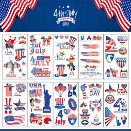 Hying 10PCS Patriotic 4th of July Decor Tattoos Temporary for Kids Adults, American Flag 4th of July Temporary Tats for Independence Day Decoration Party Supplies Washable Non-Toxic Patriotic Stickers