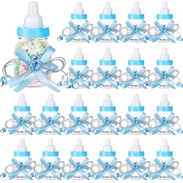 80 Pcs 3.5 Inch Baby Mini Milk Bottle Baby Shower Favor with Small Plastic Bear Candy Bottle with Ribbon for Boy Girl Newborn Baptism Party Decor (Blue)