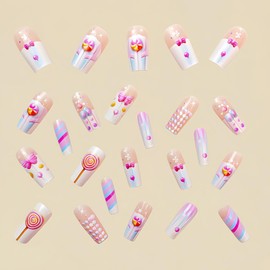 24Pcs Cute Pink Press on Nails Medium Coffin Shaped Acrylic Fake Nails French Tip Glue on Nails Sweet Candy Designs Full Cover False Nails Press on Reusable Glue on Nails for Women Girls