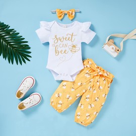 GRNSHTS Infant Baby Girl bumble bee clothes Letter Print Romper Honey Bees Pants Bowknot Headband Outfits Set（Yellow 2, 9-12 Months