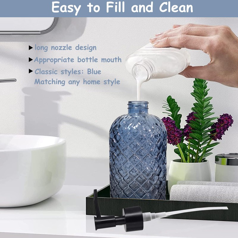 Blue Glass Dish Soap Dispenser for Kitchen, 12oz Refillable Liquid