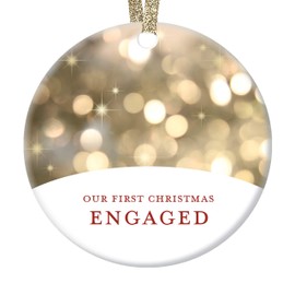 DIGIBUDDHA Our First Christmas Engaged Engagement Ornament Gift Future Mr Mrs Couple Present Idea Classy Champagne Bokeh Lights 1st Xmas Ceramic Keepsake 3" Flat Circle Porcelain with Ribbon & Box