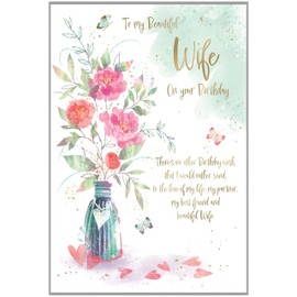 IC&G Beautiful Wife Birthday Card - Happy Birthday Card with Floral Bouquet and Sentimental Verse Design with Embossed Foil and Flitter Details - Birthday Card for Women