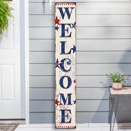 12x72"H Americana "Welcome" Wooden Porch Sign, 6ft Patriotic Farmhouse Decor For Front Porch, Rustic Patio Entryway Front Door Welcome Sign, USA Flag Home Wall Art, Outdoor Indoor Country Decoration