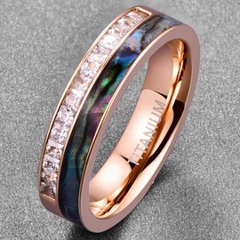 NUNCAD Rose Gold Stainless Steel Rings for Women Shell and Zircon Inlay Wedding Engagement Band Size K1/2