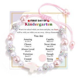 FIEEFX First Day of Kindergarten Bracelet Gift Cross Pearl 1st Day of Kindergarten Back to School Gifts Bracelet for Girls Daughter Granddaughter Niece Sister