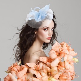 minkissy Blue Fascinator Hat Tea Party Headwear Mesh Feather Headband Hair Clip Wedding Cocktail Fascinator Hair Accessories for Women, 色