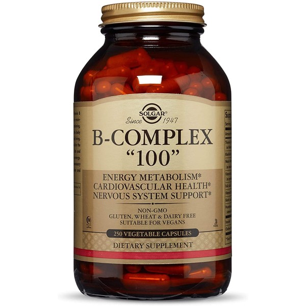 Solgar B-Complex "100", 250 Vegetable Capsules - Heart Health - Nervous System Support - Supports Energy Metabolism - Non-GMO, Vegan, Gluten Free, Dairy Free, Kosher, Halal - 250 Servings