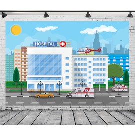 CORFOTO 7x5ft Fabric Cartoon Hospital Backdrop Photography Ambulance Helicopter Nursing School Doctor Office Background Kids Nurse Graduation Party Decorations Photo Shooting Booth Studio Props