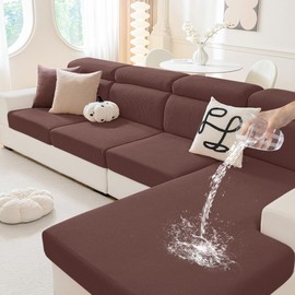 hyha Waterproof Sectional Couch Covers, Against Spills, Sofa Seat Slicovers Washable, Thick Elastic Jacquard Fabric, L Shape Couch Cushion Covers for Dogs Pets (1 Piece for Chaise, Chocolate)