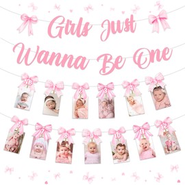 Funmemoir Pink Bow 1st Birthday Decorations Girls Just Wanna Be One Banner Monthly NB to 12 Month Photo Banner with Adhesive Clips for Bow Tie First Birthday Party Decoration