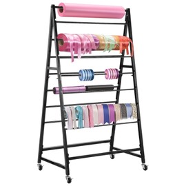 BATTIPAW 15-Tier Ribbon Holder, Double-Sided Ribbon Organizer, Movable Ribbon Storage Shelf with Wheels, Large Capacity Freestanding Wrapping Ribbon Rack for Craft Room, Flower Store
