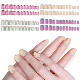 96PCS Short Square Press on Nails, Glossy Rouge False Nails Gel Glue on Nails with Mirror Metal Design, Sparkly Metallic Manicure Art Acrylic Stick on Nails for Women