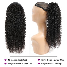 Ponytail Human Hair Extensions 1 Piece Brazilian Kinky Curly Comb Clip in Pony Tail for Women Arfo Wavy Curl Thick Soft Hairpiece (12 Inch, Curly, Wrap Drawstring)