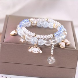 Kawaii Bracelets Cinnamoroll Crystal Beads Bracelet Set Cute Cartoon Elastic Beaded Pearl Blue Bracelets Jewelry for Women Blue Friendship Bracelet (Blue 2)