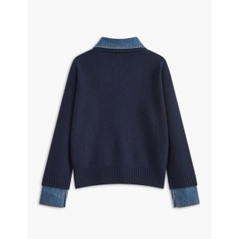 BQDCQB Womens Fall Oversized Long Sleeve Sweaters 2 in 1 Denim Panel Lapel Sweater Polo Knit Sweater Tops(NavyBlue-M)