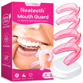 Mouth Guard for Grinding Teeth at Night, Moldable Mouthguard for Women, Upgraded Night Guards for Clenching Teeth, Pack of 4 Pink Bite Dental Guards for Bruxism, 2 Sizes with One Travel Case