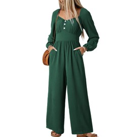 Dokotoo Jumpsuit for Womens Dressy Long Sleeve 2025 Elastic Waisted One Piece V Neck Pockets Fashion Outfits,Blackish Green Large