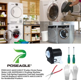 POSEAGLE 4681EA2001T Washer Drain Pump Motor with 383EER4001A Washing Machine Outer Tub Spring Expansion Tool and Assembly Tool Kit Replaces 4681EA1007G 4681EA1007D