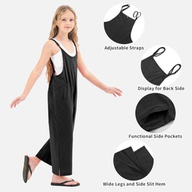 Rolanko Girls Jumpsuit Sleeveless Romper Wide Leg Pants Overalls for Kids Loose Jumpers with Pockets (Black, 8-9 Years)