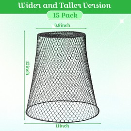 Therwen 15 Pcs Large Chicken Wire Cloche Plant Protector Cover 11x12 Inch Metal Garden Cloche Dome for Plants Wire Protection Basket with Garden Stakes Plant Cages from Animals (Black)
