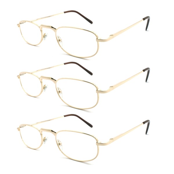 EYE ZOOM 3 Pairs Metal Vintage Reading Glasses with Spring Hinge for men women (Gold, Strength: +1.75)