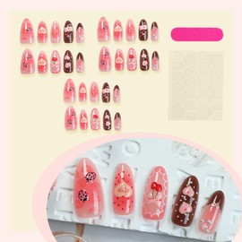 Pink Gradient Press on Nails Cherry Strawberry Fake Nail Medium Almond False Nails Heart Glue on Nails with Lip Envelope Design Glossy Stick on Nails Acrylic Full Cover Stick on Nails for Women 30Pcs