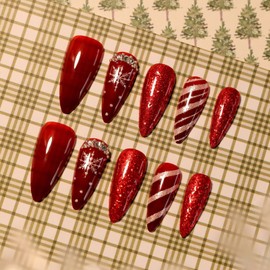 30PCS Christmas Nails - Glitter Red False Nails Long -Fake Nails with Glue - Strong Press on Nails Almond - Snowflake Candy Stripe Stick on Nails - Full Cover Nail Tips Nail Design