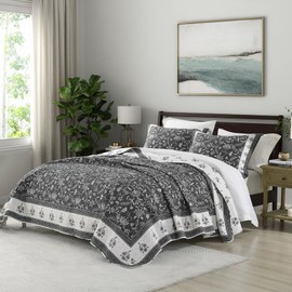 CozyStitch 100% Cotton Queen Quilt 90"x98", Lightweight Queen Size Bedding Set with 2 Pillowshams, Vine Farmhouse Quilted Bedspread, Reversible Comforter Sets for All Seasons, Charcoal/Beige/Brown