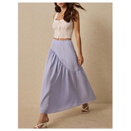 Milumia Women's Striped Print Layered Long Skirt Ruffle Flowy A Line Maxi Skirts Blue Large