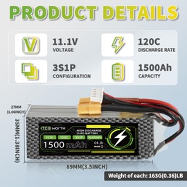 TCBWORTH 11.1V 3S Lipo Battery 120C 1500mAh with XT60 Connector for Airplane Rc Remote Control Car
