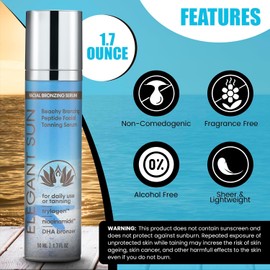 Elegant Sun Bronceado Playero - Loción Facial Autobronceadora Con Péptidos, Sérum Bronceador Gradual Con Dha Y Crema Hidratante Facial Diaria Con Colágeno, Niacinamida, Exosomas, Ligero Tinte, Brillo