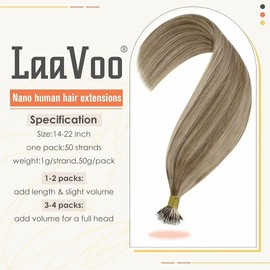 LaaVoo Nano Hair Extensions Real Human Hair Light Brown and White Blonde Highlighted Nano Beads Ring Hair Extensions 14 Inch 50 Strands 50g Straight Remy Hair Extensions #p8/24