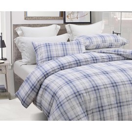 SLEEPBELLA Blue White Plaid Duvet Cover Set, 100% Cotton Bedding, Buffalo Check Gingham Plaid Geometric Checker Pattern, with Button Closure (2pcs, Twin Size)