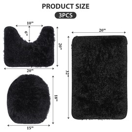 3 Piece Thicken 0.4" Bath Mat Set, Black Bathroom Rug, Contour Mat and Toilet Seat Cover, Super Long Soft Microfiber Water Absorbent and Non Slip Bathroom Rug Set with PVC Point Rubber Backing (Black)