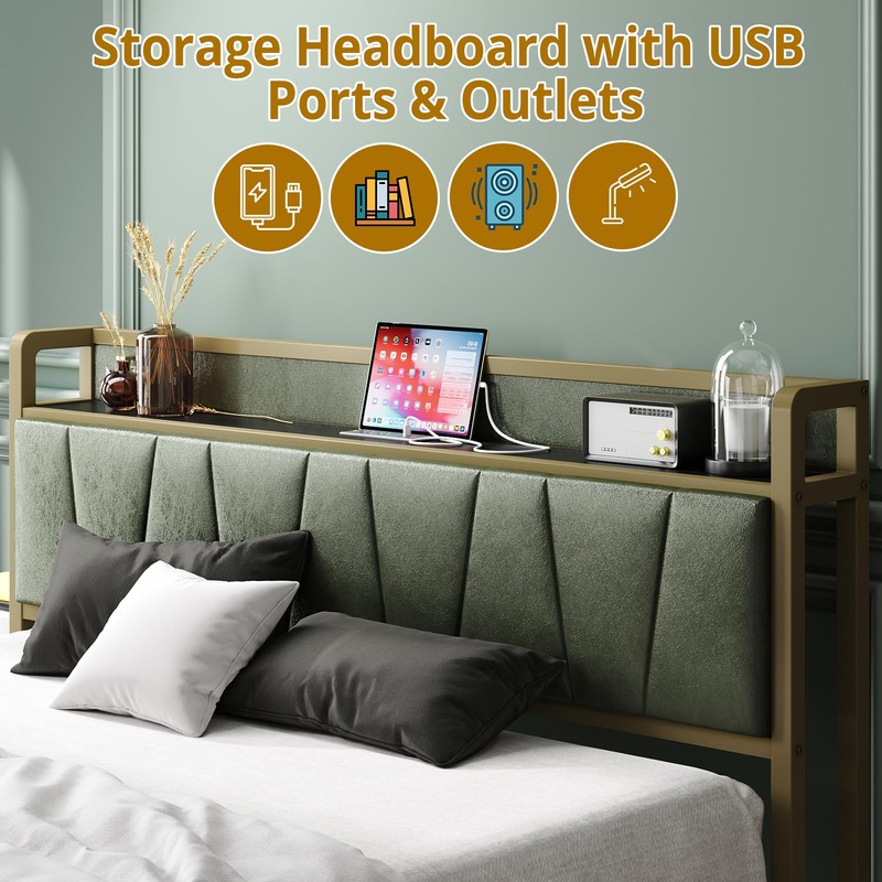 LIKIMIO Queen Bed Frame, Storage Headboard with Charging Station, Solid