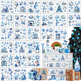 Dispowreath 25 Sheets Winter Rub on Transfers for Crafts and Furniture Blue Christmas Santa Gnome Snowman Reindeer Poinsettia Rub on Transfer Decals for Wood Fabric Home DIY, 5.9" x 5.9"