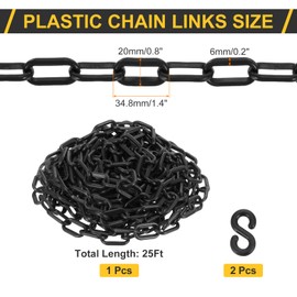 sourcing map Plastic Chain Links, 1.4-Inch 25 Foot Plastic Barrier Chain Safety Chains Safety Barrier Chains with S-hooks for Crowd Control Queue Line Fence Gate Decoration, Black
