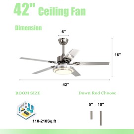 SWLKJ 42" Ceiling Fan with Light Remote Control, Modern LED Ceiling Fan 3-Color Light & 3-Speed Fan, Quiet Motor Ceiling Fans for Home Decoration（5-Blades）