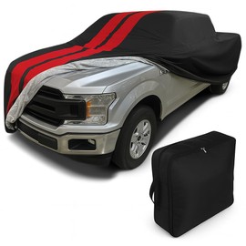 2001-2025 F150 Custom Fit Car Cover - Ultraguard Plus 1/2 Ton Truck Full Size Heavy Duty Water Resistant 300 Denier with Cotton Lining for Ford F-150, Lightning & Raptor (Black with Red Stripes)