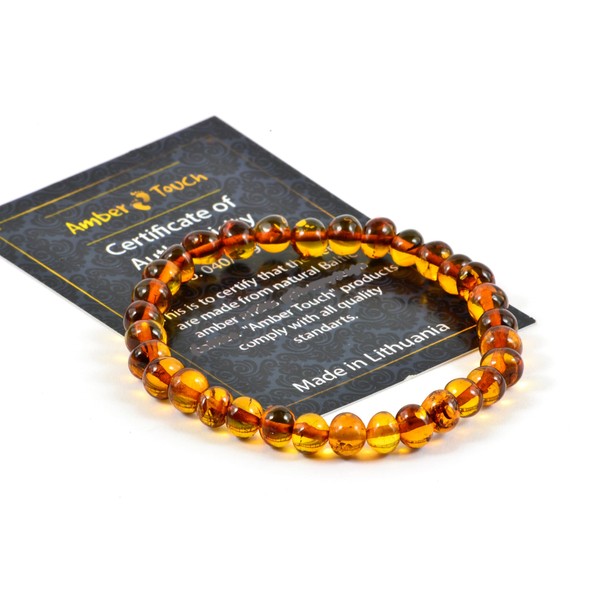 Baltic Amber Bracelet for Adults Made on Elastic Band – Carpal Tunnel, Arthritis, Headache, Migraine Pain Relief (Cognac, 7.5 inch)