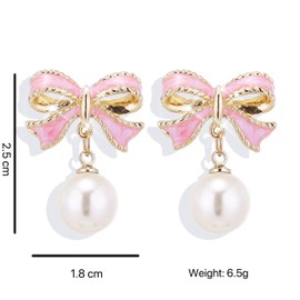 Gold Pearl Bow Earrings For Women Trendy Pink Coquette Drop Stud Ribbon Silver Earrings Dangle Jewelry - Unique Gifts For Wife Valentines Day Preppy Cute Teen Accessories 2024 (pink gold)