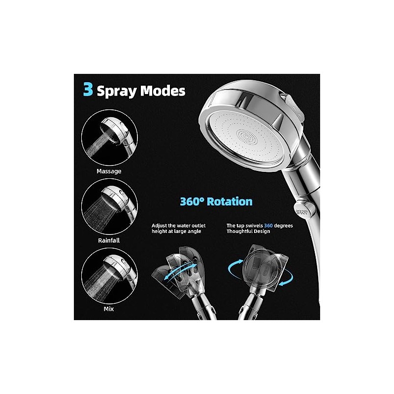 Marbrasse High Pressure Shower Head, 3-Settings Handheld Showerhead with ON/Off