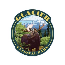 Die Cut Sticker Glacier National Park, Montana, Moose and Mountain, Contour Vinyl Sticker 3 to 6 inches, (Waterproof Decal for Cars, Water Bottles, Laptops, Coolers), Large